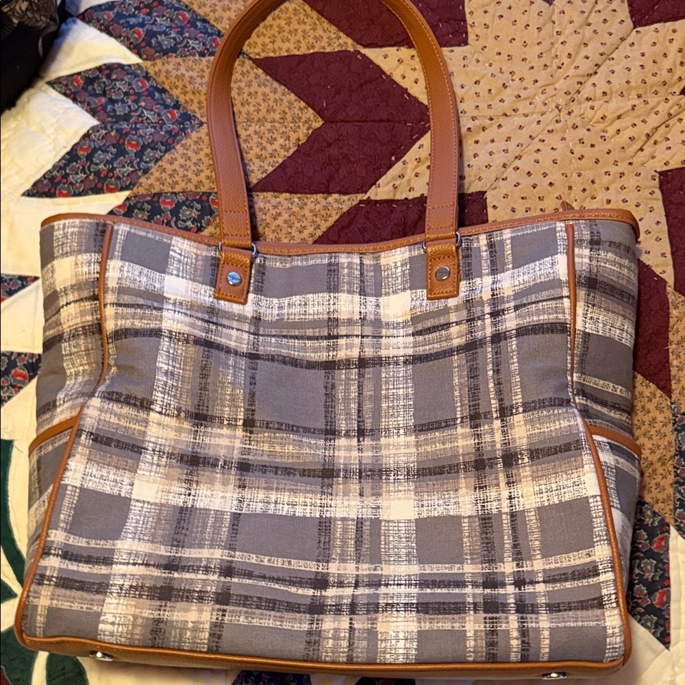 Thirty-One Gray Plaid Tote with Brown Accents